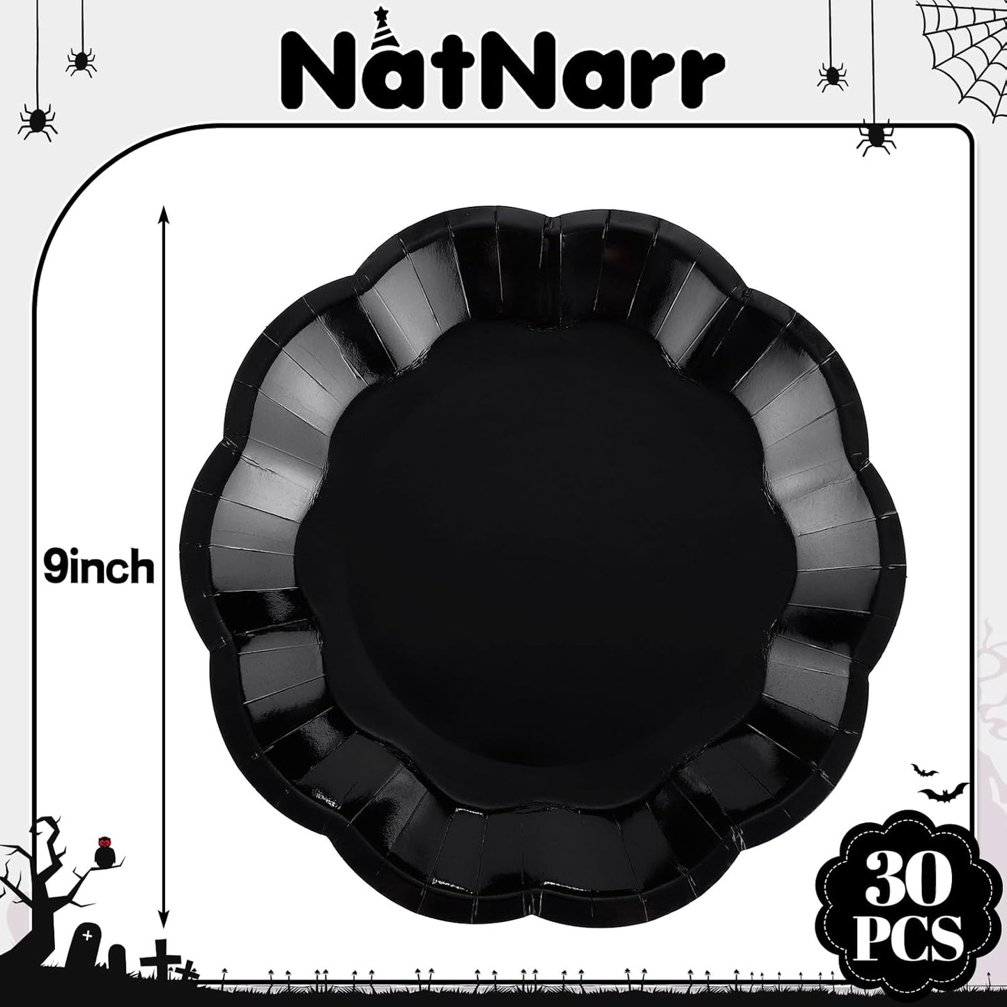 30pcs Black Halloween Paper Plates, 9 in Scalloped Halloween Party Plates Black Dinner Plate Disposable Paper Plate for Wedding, Birthday, Baby Shower, Holiday Party