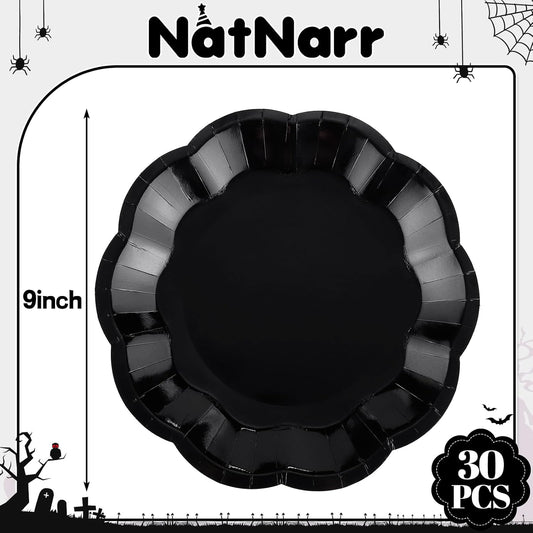 30pcs Black Halloween Paper Plates, 9 in Scalloped Halloween Party Plates Black Dinner Plate Disposable Paper Plate for Wedding, Birthday, Baby Shower, Holiday Party