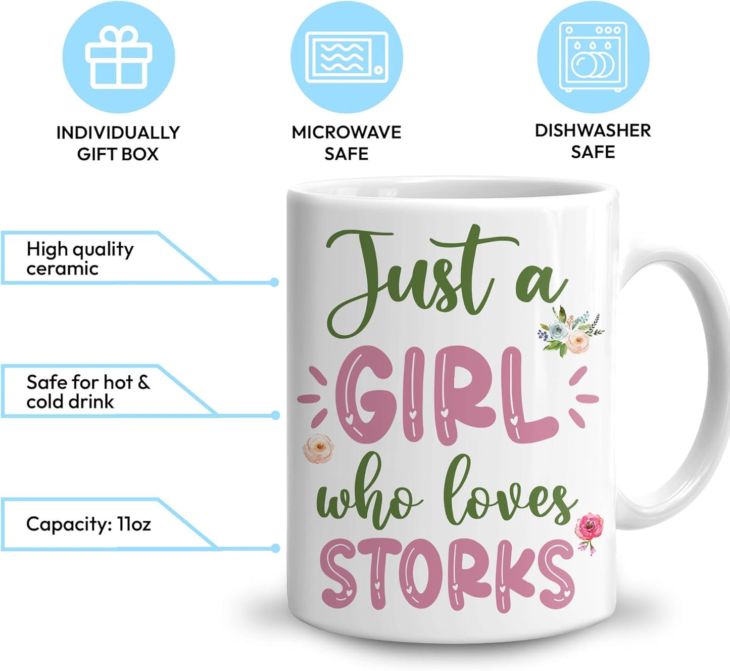 Hyturtle Personalized Gifts Stork Lover - Just A Girl Who Loves Storks Custom Name Ceramic Coffee Mug Cup 11oz - Idea Cute Animal Lover Gifts For Women, Girl Daughter On Birthday, Christmas