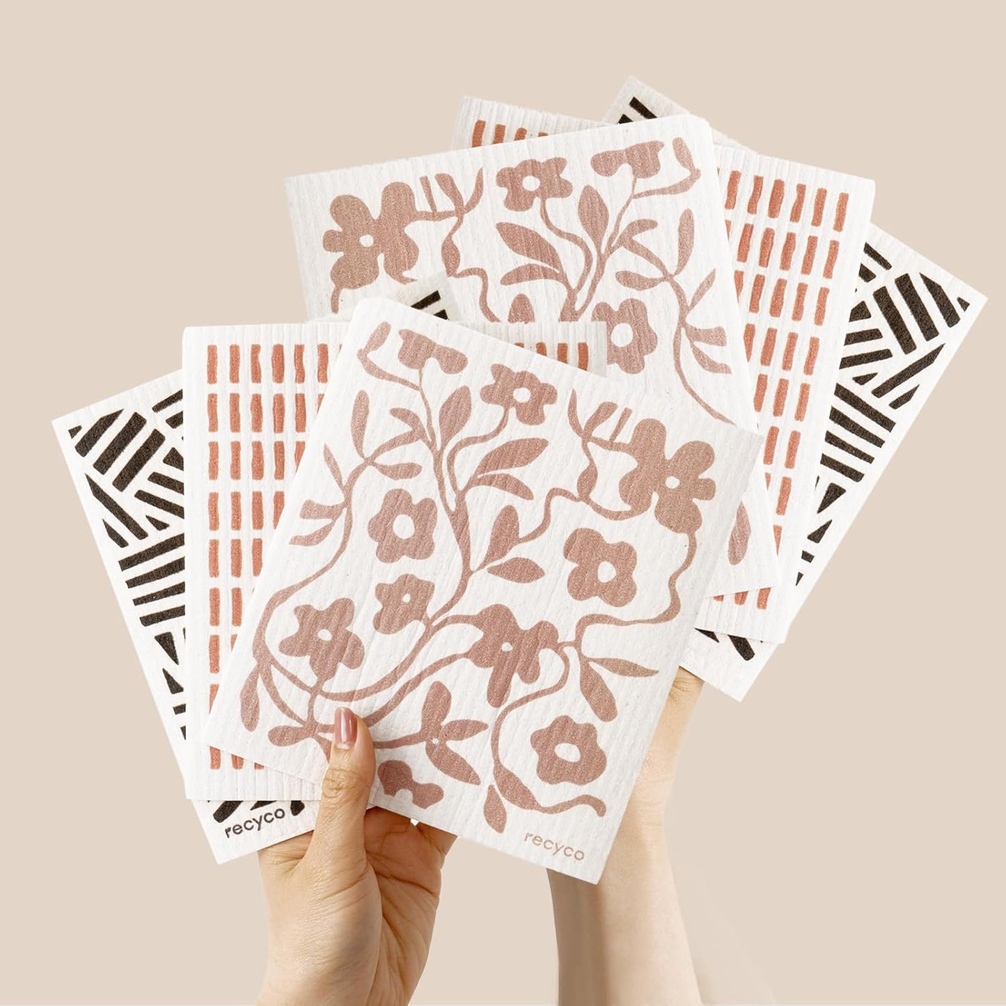 RECYCO Swedish Dishcloths for Kitchen | 6 Pack Floral Geo Washable Dish Rags | Cellulose Reusable Cleaning Paper Towels | Absorbent Counter Dish Cloth Sponge Kitchen Wipes, 8" L x 7" W