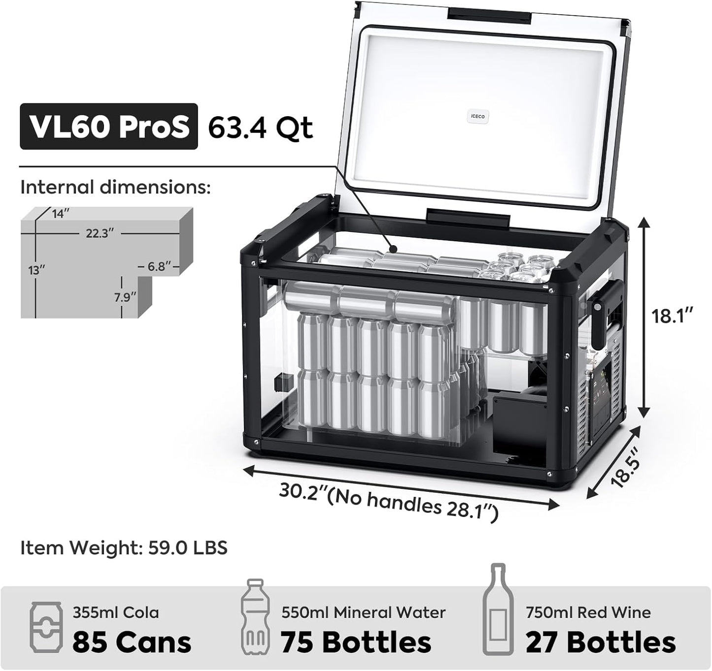 ICECO VL60 ProS Portable Refrigerator, Multi-directional Lid, Dual USB & DC 12/24V, AC 110-240V, 60L Steel Compact Refrigerator Powered by SECOP, 0℉ to 50℉, Home & Car Use [Upgrade, 63 Quarts]