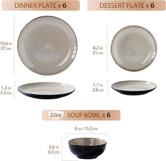 Plates and Bowls Sets for 6 - CJDC-QUELO 18-Piece Stoneware Dinnerware Sets, Ceramic Dishware Set for Indoor Kitchen Use and Formal Dining, Chip and Scratch Resistant Microwave Dishwasher Safe, Brown