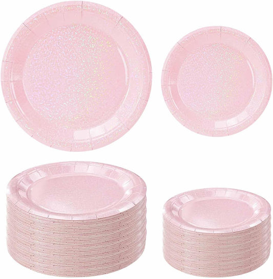 50 Pcs Iridescent Light Pink Paper Plates 25 × 7'' and 25 × 9'' Disposable Pink Shiny Holographic Foil Dinner Plates for Wedding Baby Shower Birthday Disco Party Glitter Dessert Plate