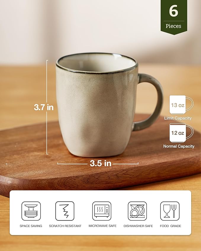 famiware Coffee Mugs Set of 6, Ocean Square 13oz Coffee Cup Set with Handle for Cocoa, Milk, Hot Chocolate, Tea, Water, Stoneware Cups for Kitchen, Microwave and Dishwasher Safe, Light khaki