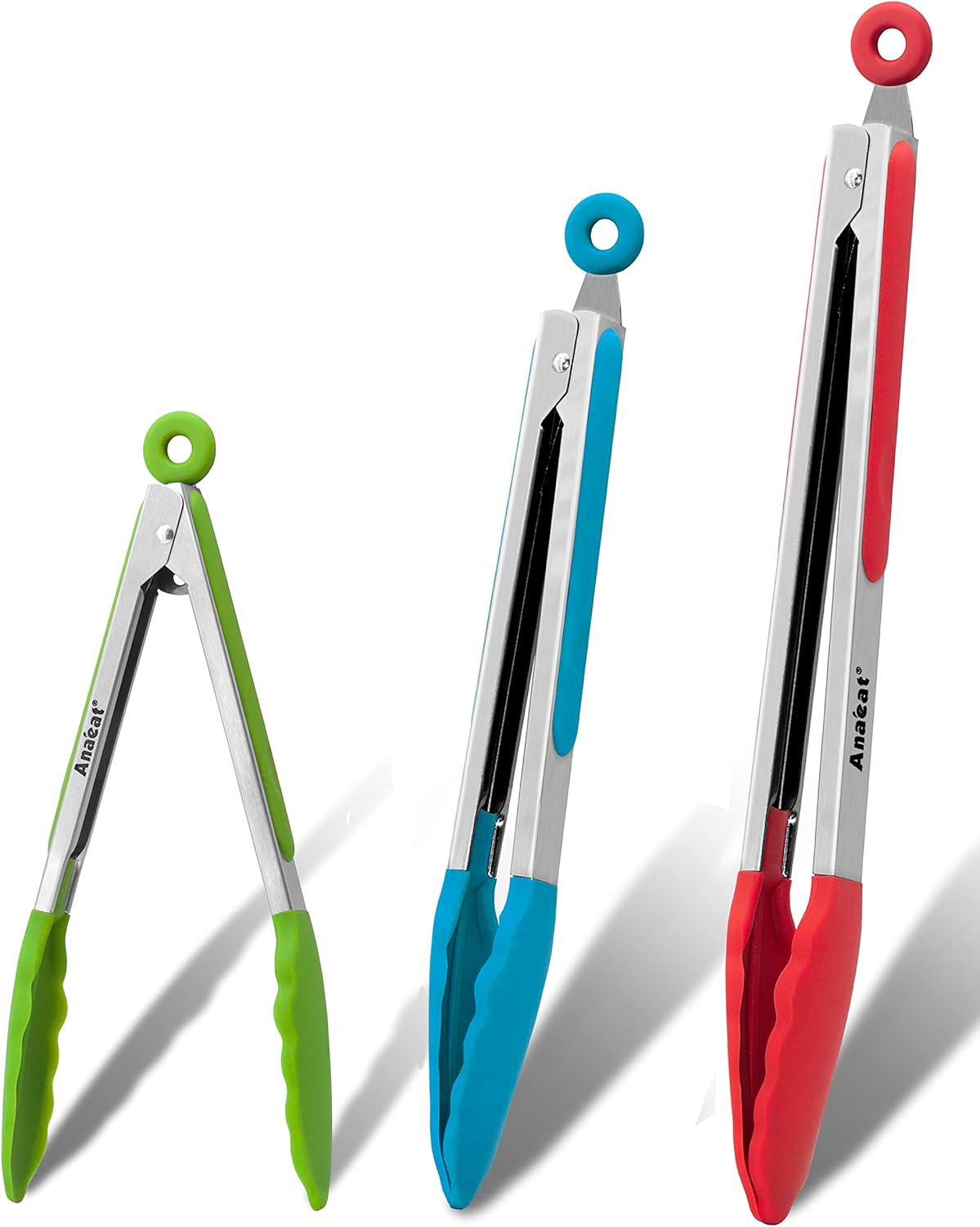 Anaeat Non-Stick Silicone Locking Tong Set of 3 - Stainless Steel 7", 9" and 12" Kitchen Food Tongs with Non-Slip Silicone Tips and Grip for Cooking, Baking and BBQ - Heat Resistant up to 480°F