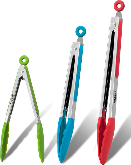 Anaeat Non-Stick Silicone Locking Tong Set of 3 - Stainless Steel 7", 9" and 12" Kitchen Food Tongs with Non-Slip Silicone Tips and Grip for Cooking, Baking and BBQ - Heat Resistant up to 480°F