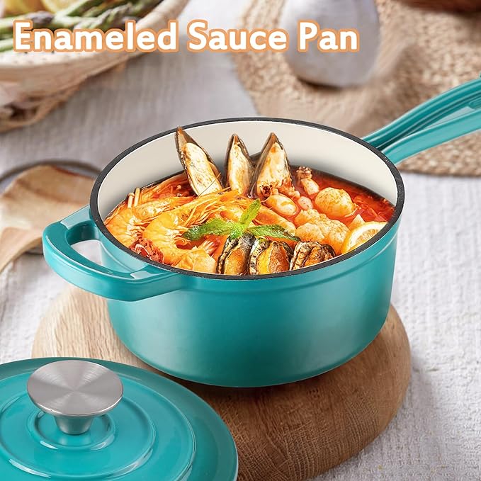 Enameled Cast Iron Sauce Pan, 1 Quart Enameled Saucepan with Lid, Mini Dutch Oven Enamel Saucepan for Cooking Pasta Sauce, Gravy, Puddings, Marinate, Boiling (Blue Green)