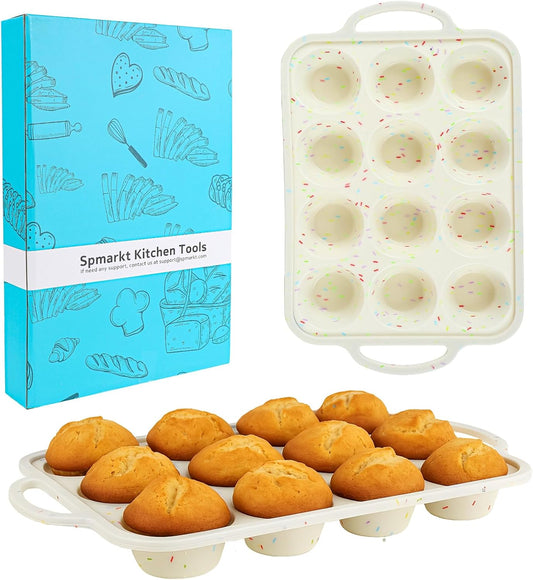 12-Cup Silicone Cupcake Pan, Nonstick Muffin Pan, Dishwasher Safe Muffin Tray with Handles, Food Grade Silicone Muffin Tin for Baking Egg Bites & Cupcakes