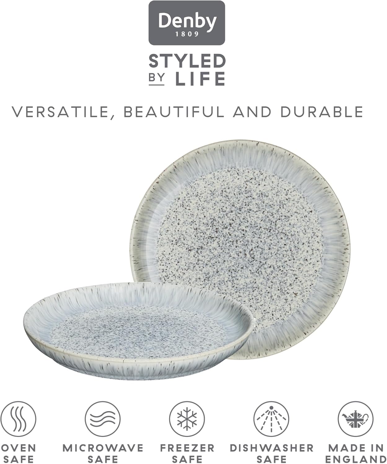 Denby - Halo Speckle Salad Plates Set of 6-8.25 Inch Dishwasher Microwave Oven Safe - Scratch Chip Resistant Lunch, Appetizer, Dessert Plates - Grey, Neutral, Blue Ceramic Stoneware Dinnerware Set