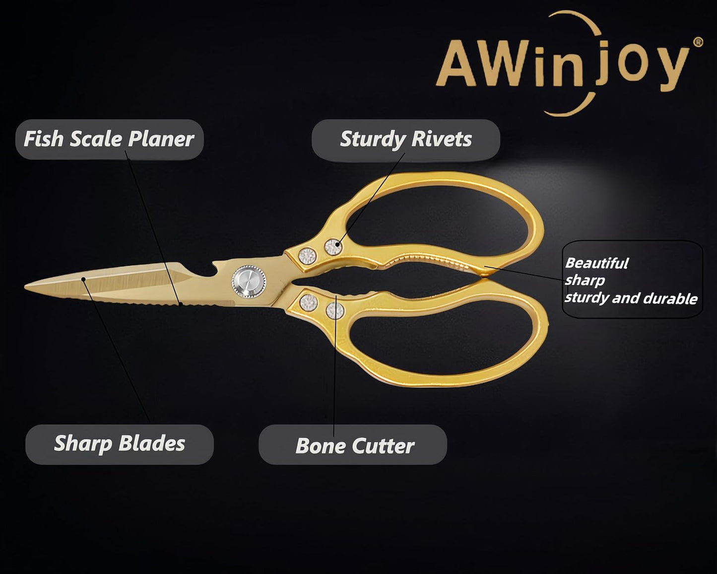 Japanese Gold Kitchen Scissors, Heavy Duty Stainless Steel, Multipurpose Cooking Shears, Dishwasher Safe