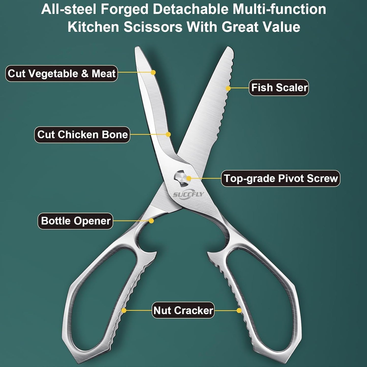 Premium Kitchen Shears Heavy Duty, Kitchen Scissors for Food, 8.8 Inch Ultra Sharp Meat Scissors Detachable Blade, Silver Titanium Plated Poultry Shears, Anti-Slip Cooking Scissor All Purpose