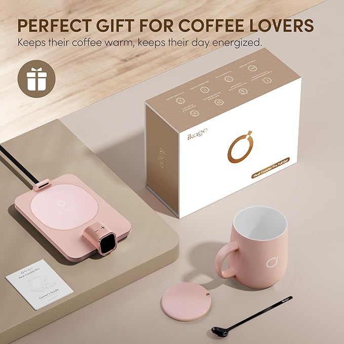 Coffee Mug Warmer Set, Temperature Control Smart Heated Mug for Desk, Electric Coffee Warmer with Auto Shut Off & Real-Time Temp Display, Gifts for Women Men, 15oz, Pink