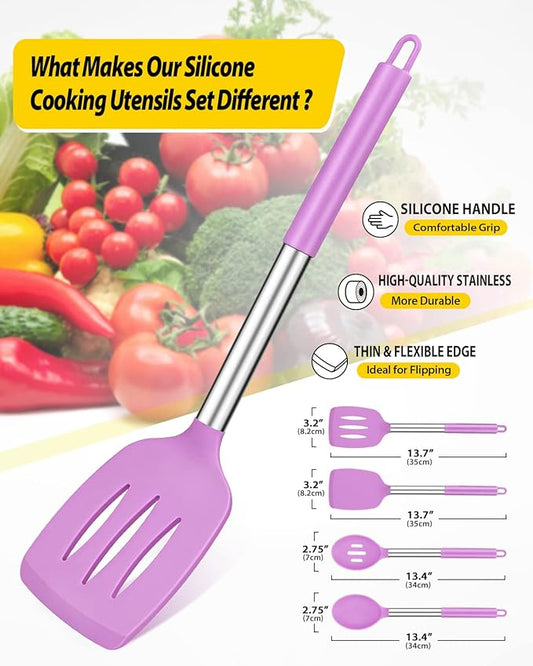 Pack of 4 Silicone Cooking Utensils Set, Non Stick Large Solid Spatulas, Heat Resistant Purple Slotted Spoons, Ideal BPA Free Kitchen Turners for Frying, Mixing,Serving,Draining,Turning,Stirring