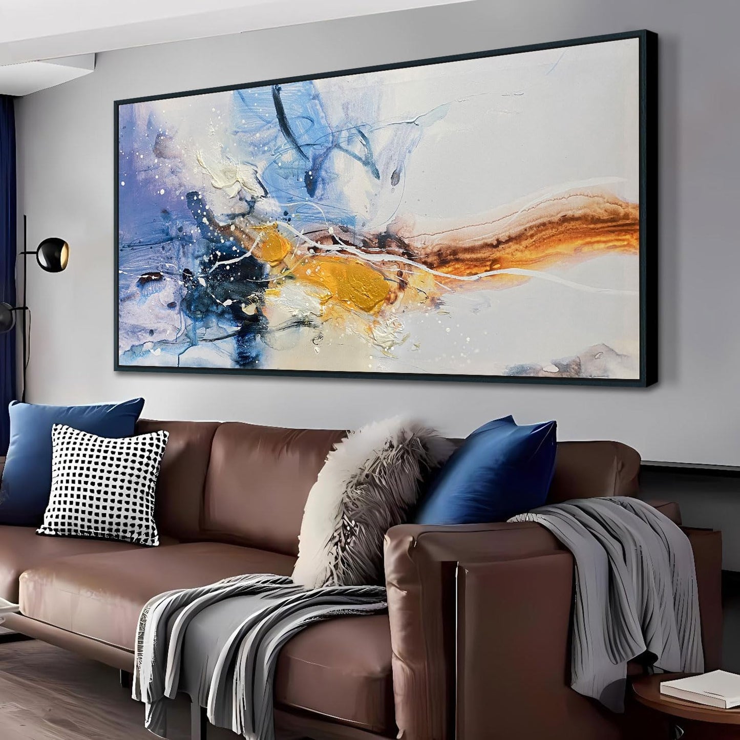 Ardemy Extra Large Abstract Wall Art Canvas for Living Room Modern Framed Wall Decor Textured White Beige Purple Painting Picture Bedroom Artwork Home Office Kitchen Dining Room, Black Wood 58"x29"