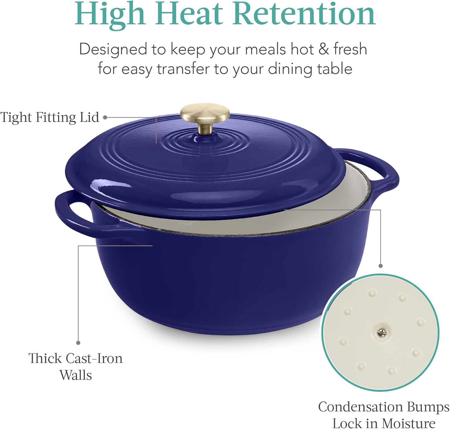 Best Choice Products 6 Quart Enamel Cast-Iron Round Dutch Oven, Family Style Heavy-Duty Pre-Seasoned Cookware for Home, Kitchen, Dining Room, Oven Safe w/Lid, Dual Handles - Sapphire Blue