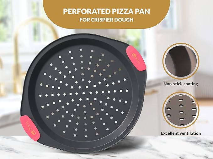 12 Inch Pizza Crisper Pan Set of 2 Non-Stick Perforated Pizza Tray for Crispy Crust, Heat-Resistant Carbon Steel Pizza Baking Pans, Dishwasher Safe Pizza Oven Trays for Even Heating & Air Circulation