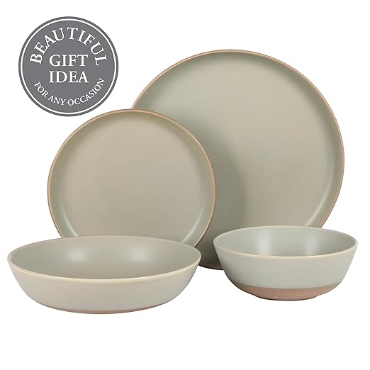 Gibson Elite Laguna Bliss 16 Piece Stoneware Reactive Glaze (Service for 4) Ceramic Plates and Bowls Dinnerware Set - Matte Green W/Terracotta Bottom