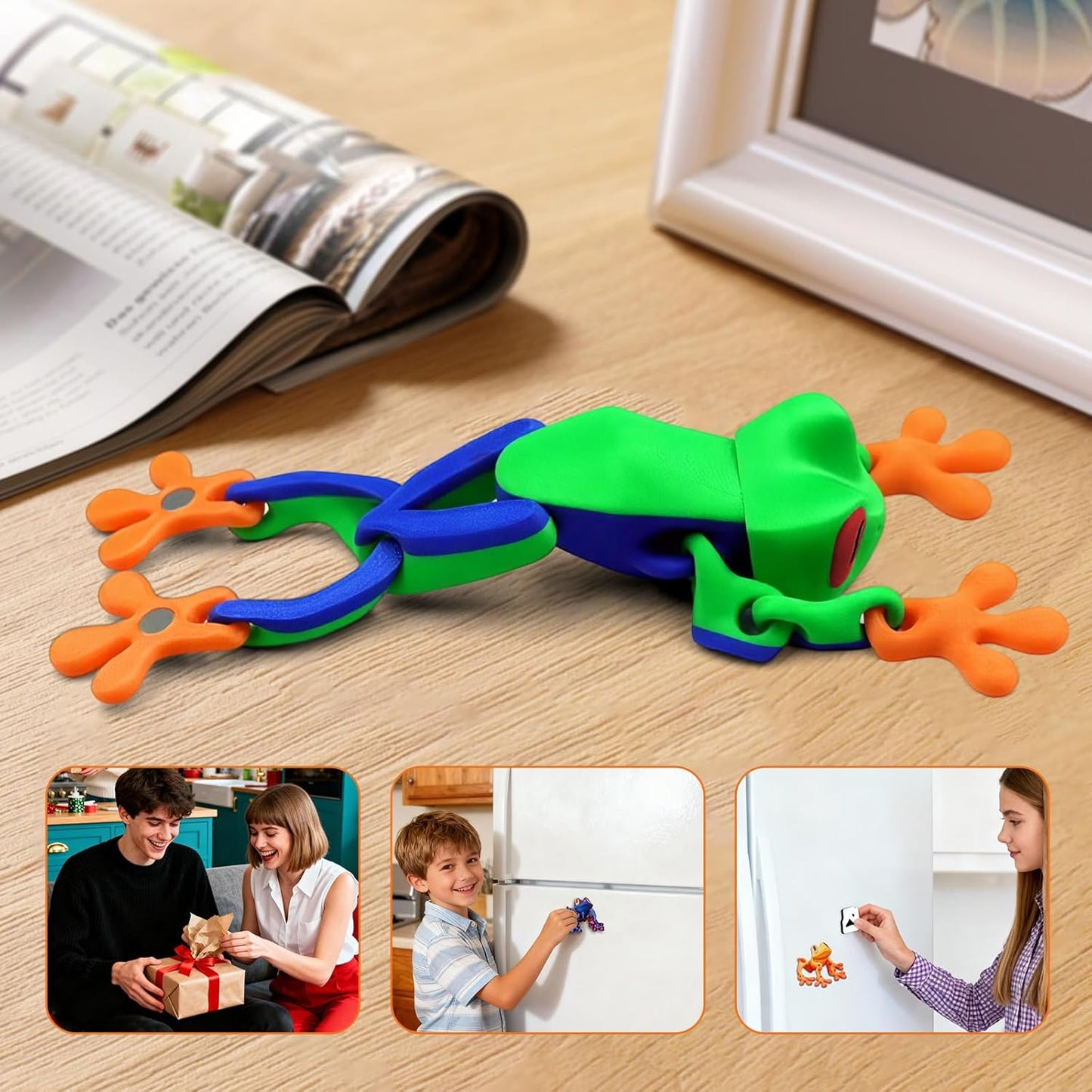 4Pcs 3D Printed Magnetic Frog Fridge Magnets, Realistic Jumping Frog Refrigerator Magnet with Articulated Joints, Cute Movable Frog Decoration for Kitchen Office Car Home Decor