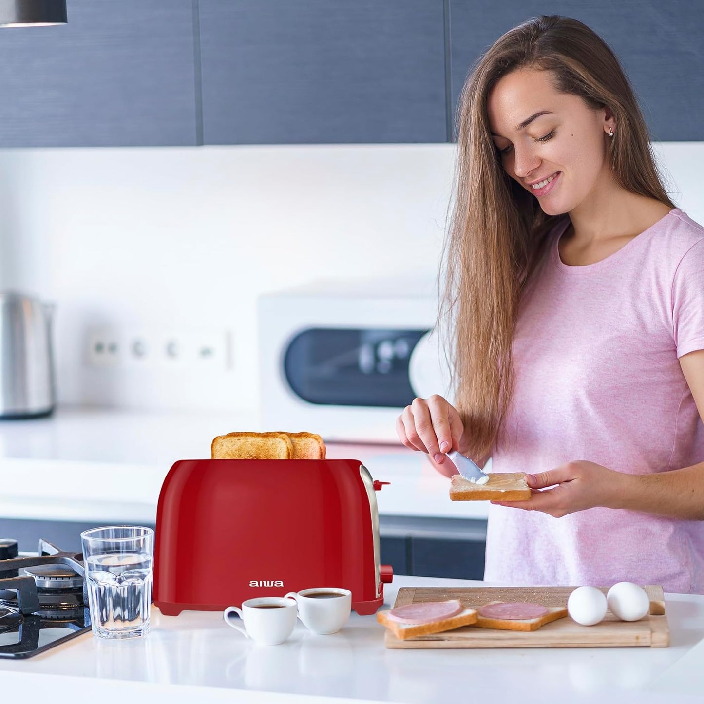 Aiwa Toaster, 2 Slice Wide Slot, Reheat and Defrost Function, 6 Browning Settings, Drop Down Crumb Tray, Red