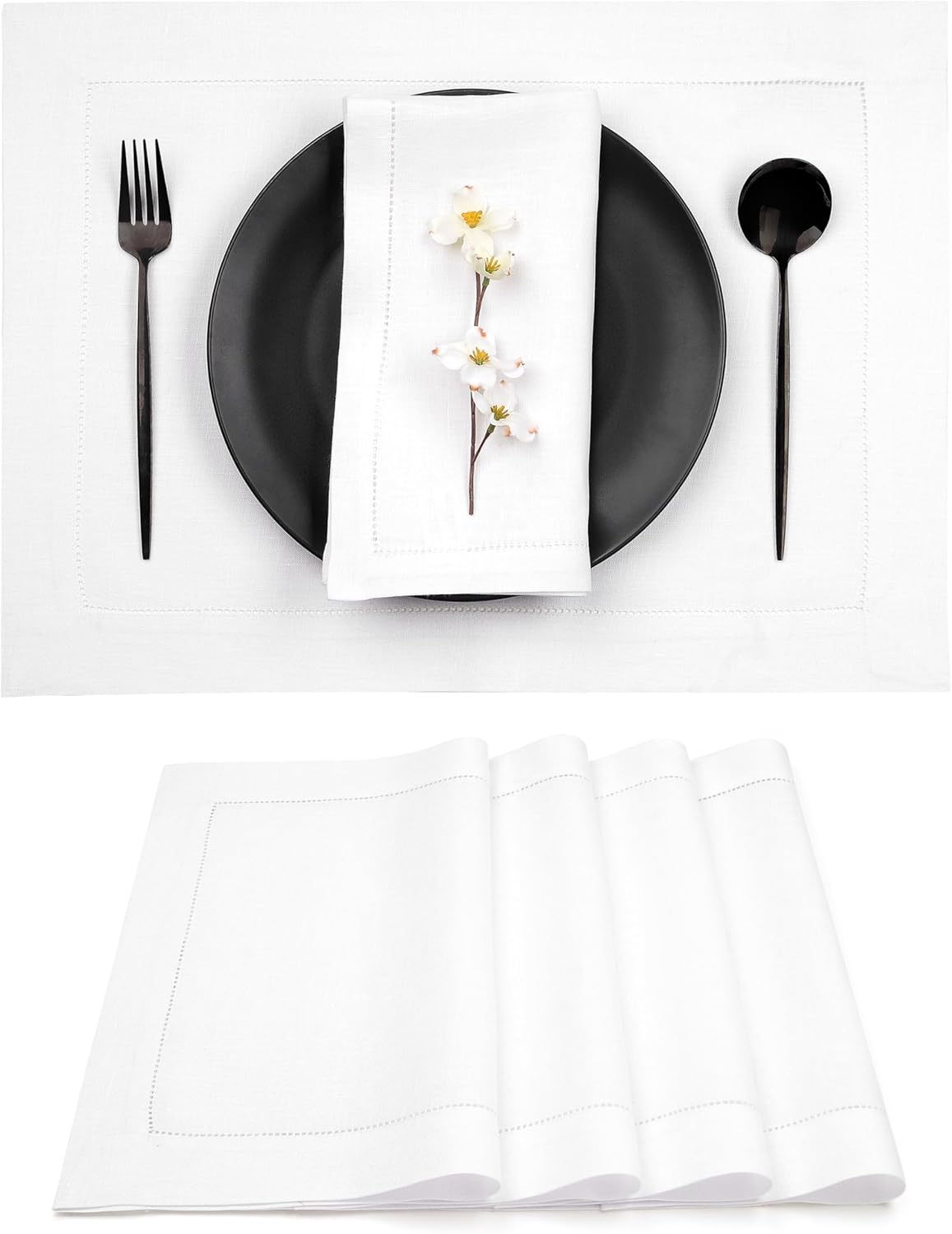 D'Moksha Homes White Linen Placemats Set of 4 - Classic Hemstitch Placemats 14 x 19 Inch - 100% Pure Linen Table Mats for Fall, Autumn and Halloween - Handcrafted and Machine Washable