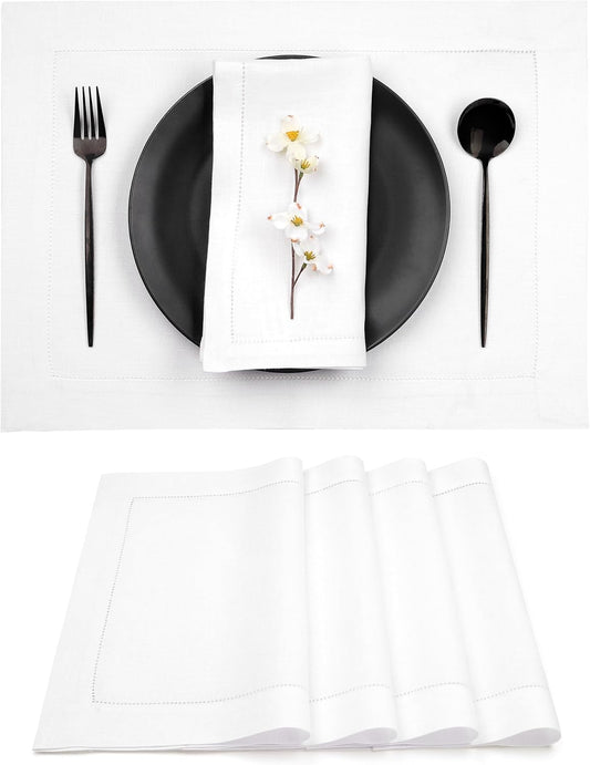 D'Moksha Homes White Linen Placemats Set of 4 - Classic Hemstitch Placemats 14 x 19 Inch - 100% Pure Linen Table Mats for Fall, Autumn and Halloween - Handcrafted and Machine Washable