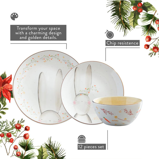 Corona 12-piece thematic and modern Ceramic Dinnerware Sets | Plates and Bowls | Service For 4 | Blossom Bunny chritmas