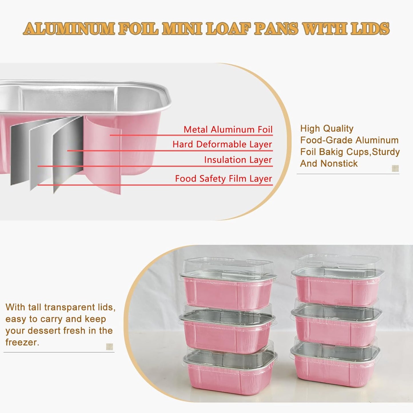 mini loaf pans with lids and spoons 50 Pack,5.5 oz Rectangle mini individual cake tins Disposable Small Aluminum Foil Baking pans(50, Pink)