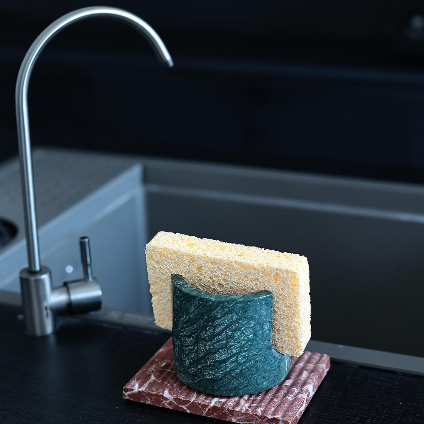Travertine Marble Sponge Holder for Kitchen Counter - Natural Stone Dish Drying Rack, Sponge Caddy for Sink Organizer - Durable & Stylish Kitchen Decor (India Green Marble)