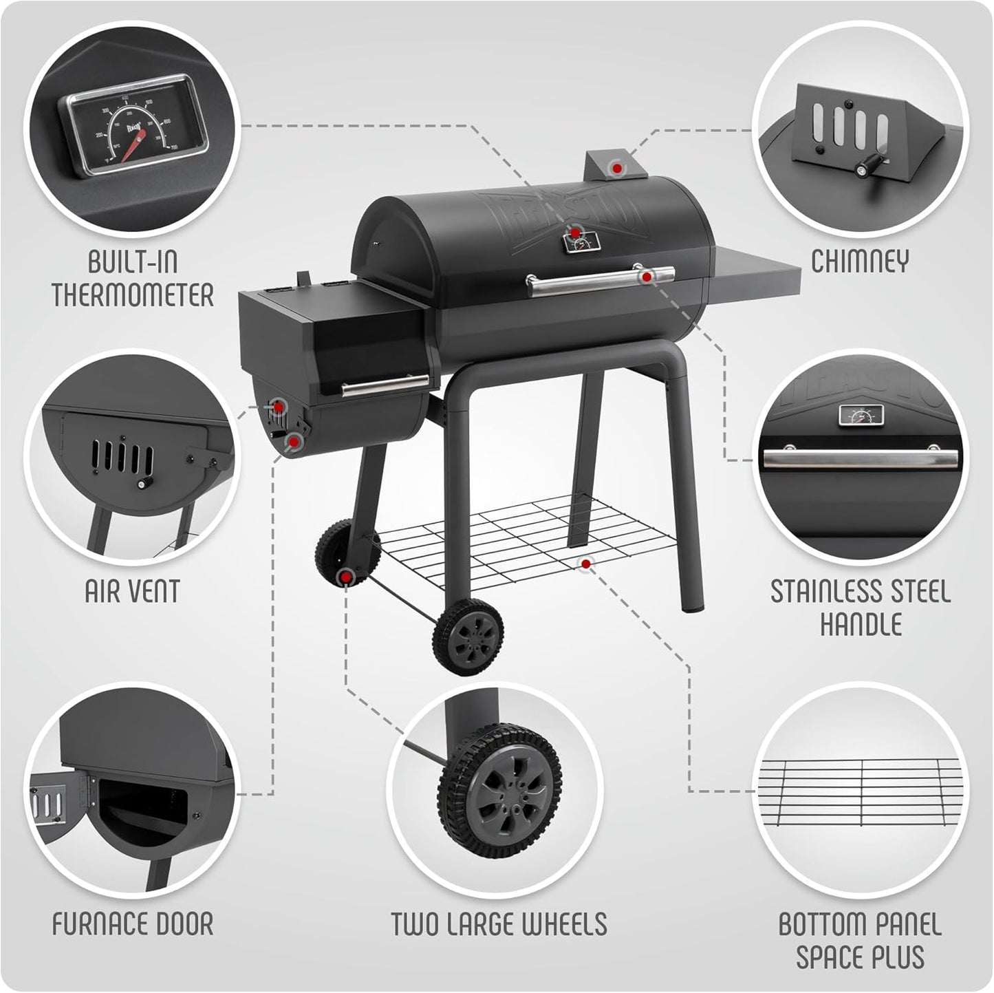 30'' Outdoor Charcoal Grills with Cover, BBQ Grill with Offset Smoker and Side Table, 832 Sq. In. Heavy-Duty for Outdoor Backyard, Patio and Parties, Black