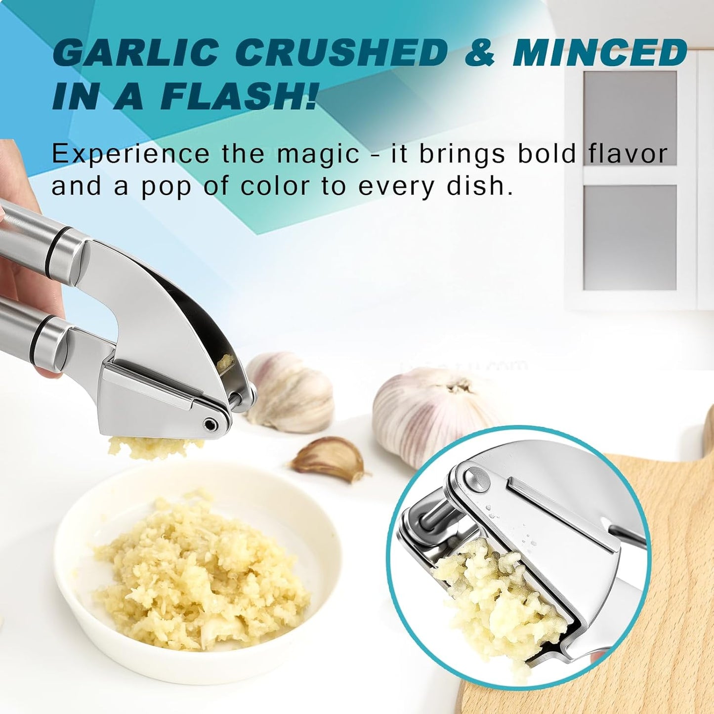 KULUNER Professional Garlic Press,Practical Garlic Peeler That Requires No Peeling,Minced Garlic Machine Crushes Garlic Into Fine Paste,Made of 304 Stainless Steel,Rust-Resistant and Easy to Clean
