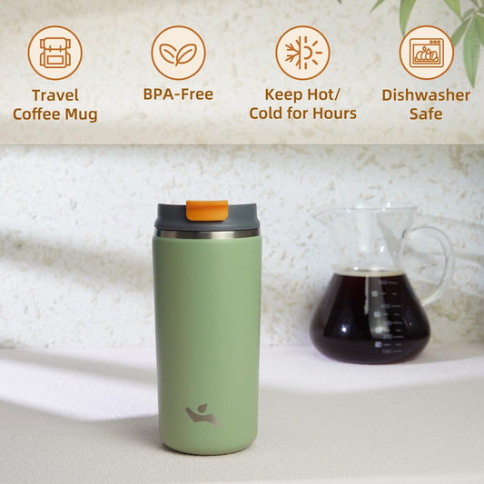 Tumbler with Lid, 12 oz Travel Coffee Mug Double Wall Vacuum Stainless Steel Thermal Metal Cup Insulated Water Bottle,Soft Green