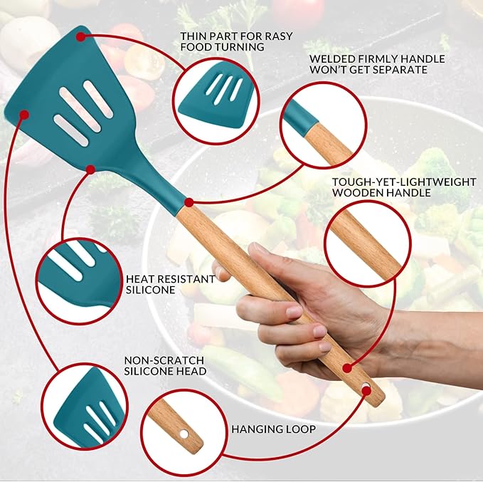 Kitchen Utensils Set of 12, E-far Silicone Cooking Utensils with Holder, Non-stick Cookware Friendly & Heat Resistant, Includes Spatula Tong Whisk Ladle Brush Slotted Turner Spoon(Teal Blue)