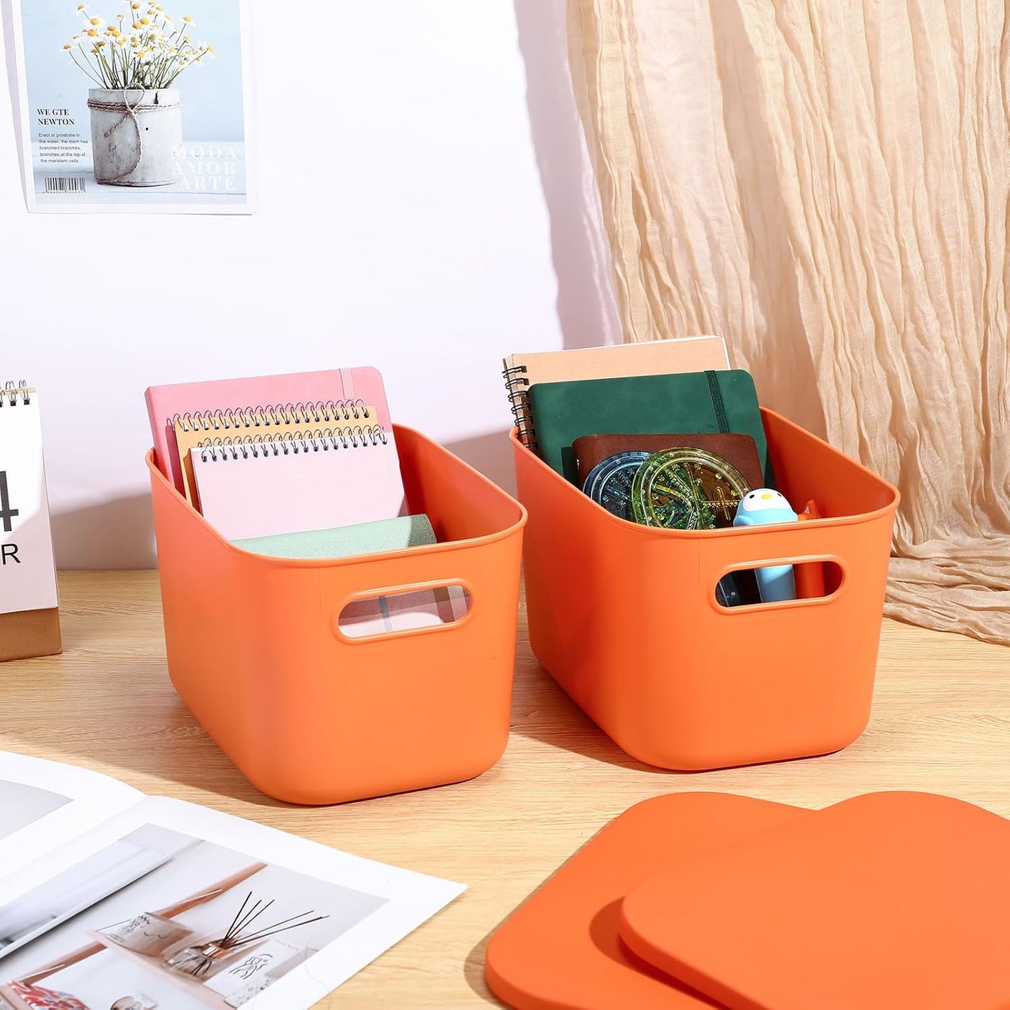 Hoolerry 8 Pieces Colorful Storage Bins with Lid, Plastic Storage Basket Organizing Container Stackable Box with Handle for Shelves Desktop Playroom Office(10.2 x 7 x 6.3 Inch,Orange)