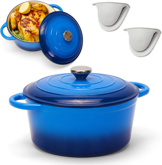 5 Quart Enameled Cast Iron Dutch Oven Pot with Lid, Dual Handle for Bread Baking, Heavy-Duty Cookware for Braising, Stews, Roasting (Blue)