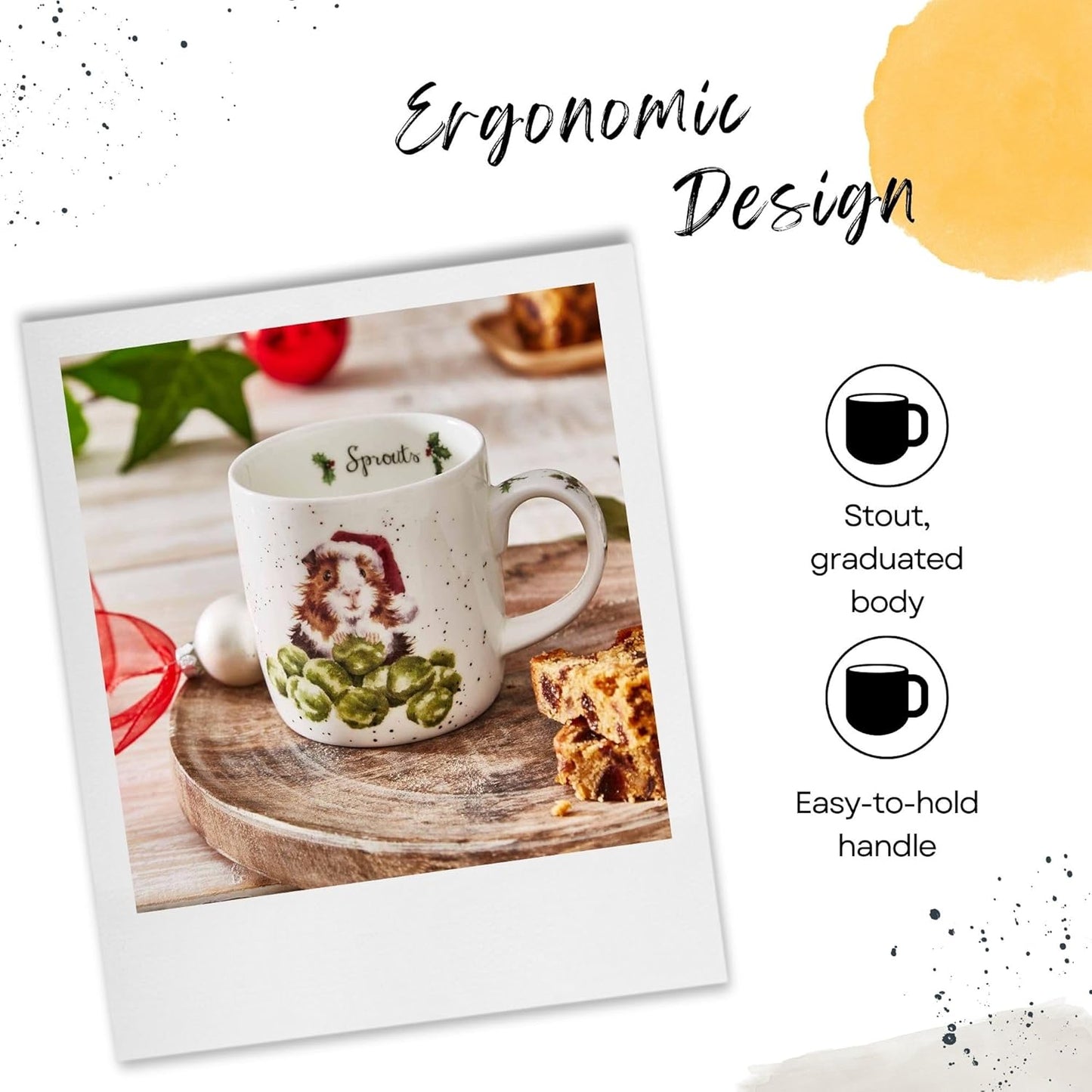 Royal Worcester Wrendale Designs Sprouts 11 Oz Mug & Coaster Set, Fine Bone China Coffee Mug with Adorable Guinea Pig in Santa Hat, Dishwasher & Microwave Safe - Festive Gift for Animal Lovers
