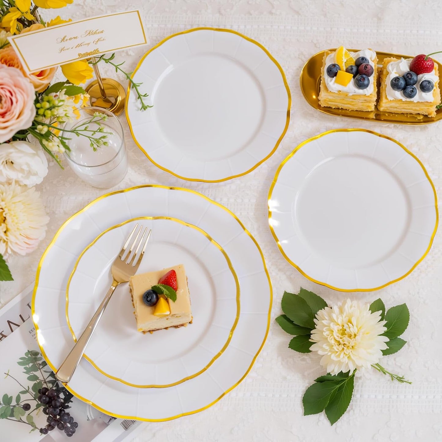 EI 150pcs White Plastic Plates with Gold Plastic Silverware,Disposable Plate Heavy Duty,White Dinnerware Set,Elegant Plates for Party,Wedding,Afternoon Tea,Birthday