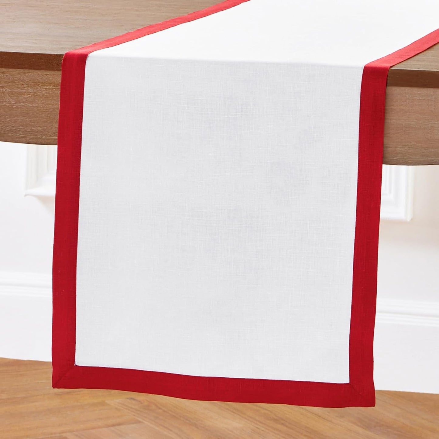 Solino Home Linen Table Runner 108 Inches Long - 100% Pure Linen Red and White Dining Table Runner 14 x 108 Inch for Christmas, Holiday - Classic