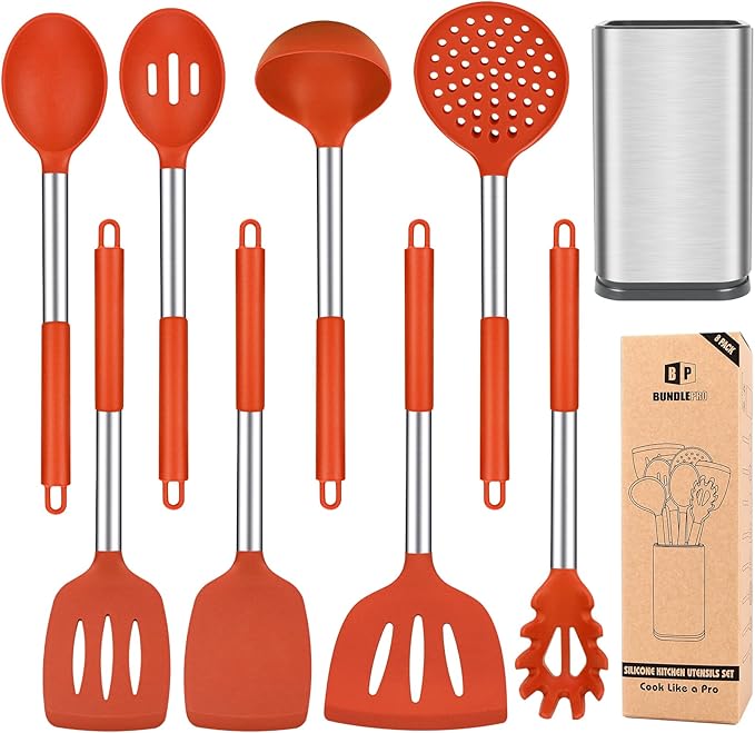 Silicone Cooking Utensil Set, 8Pcs Non-stick Cookware with Stainless Steel Handle, BPA Free Heat Resistant Kitchen Tools with Spatulas, Turners, Spoons, Skimmer and Pasta Fork (RED)