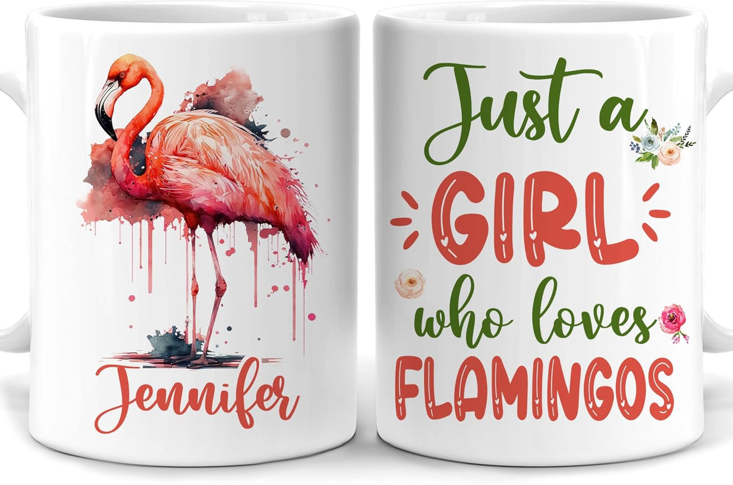 Hyturtle Personalized Gifts Flamingo Lover - Just A Girl Who Loves Flamingos Custom Name Ceramic Coffee Mug Cup 11oz - Idea Cute Animal Lover Gifts For Women, Girl Daughter On Birthday, Christmas