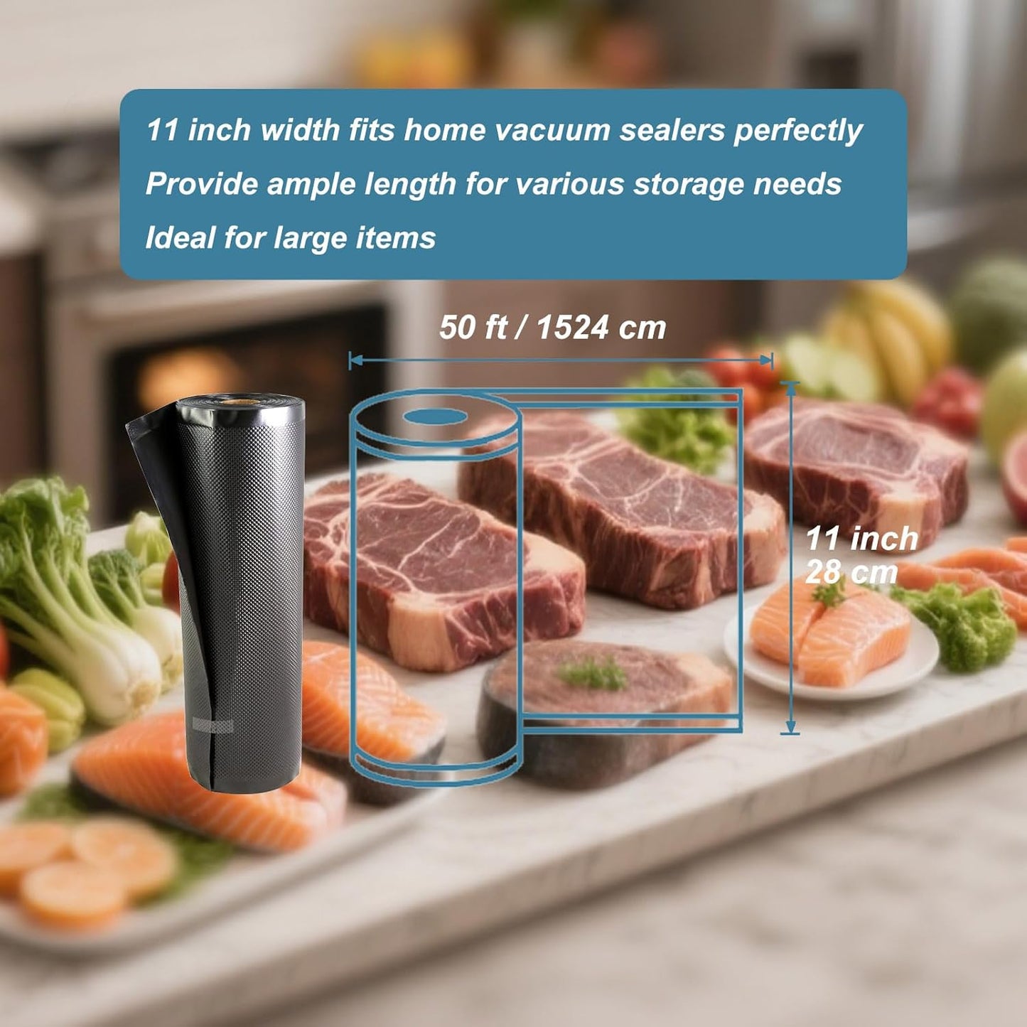 All Black Vacuum Sealer Rolls 11" x 50', 5.5 Mil Vacuum Seal Bags for Food Storage, Sous Vide, and Meal Prep, Heavy Duty Commercial Grade (2 Rolls, Total 100 Ft)