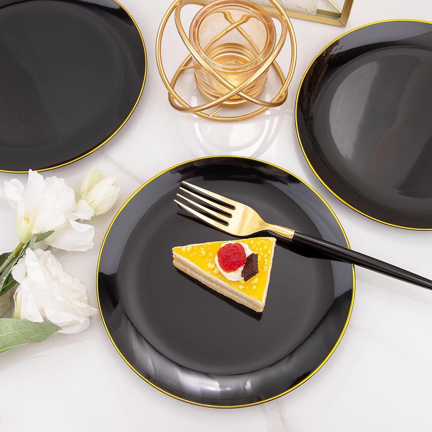 I00000 144Pcs Black and Gold Dessert Plate Set, Including 72Pcs Black and Gold Plastic Plates 7.5" and 72Pcs Disposable forks 8.5", Fancy Salad Plates with Gold Rim for Thanksgiving and Party