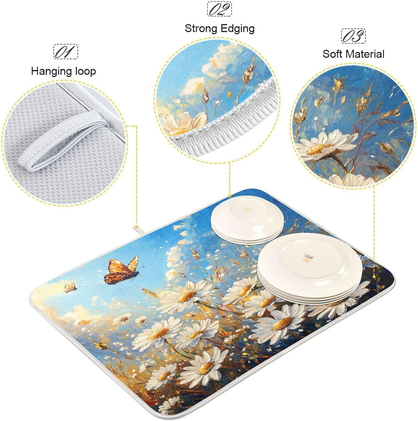 Daisies and Butterfly Painting Dish Drying Mat for Kitchen Counter Super Absorbent Dishes Pad Reversible Microfiber Protector Dish Draining Mats 16x18 inch