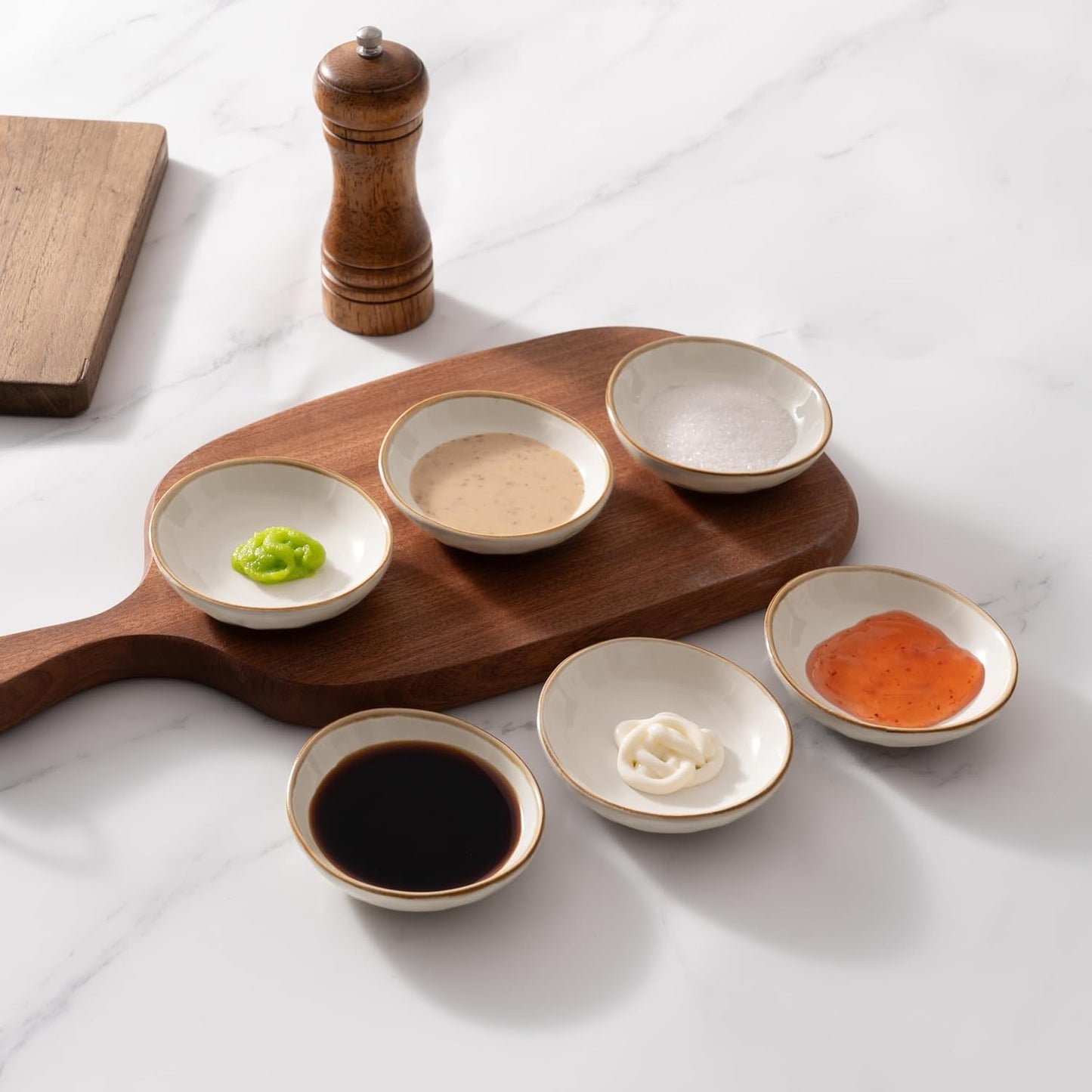 famiware Ocean Soy Sauce Dishes of 6, Oval Dipping Sauce Cups/Bowls/Dishes for Kitchen, 2.1oz Ceramic Small Bowls for Side Dish, Appetizers, Snacks, and Sushi, Reactive Glaze, Cappuccino White