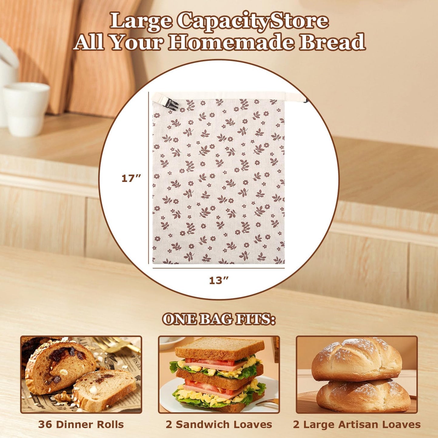 Beeswax Bread Bags, Reusable Organic Linen Beeswax Bread Bag for Sourdough, Keep Fresh and Large Capacity Portable Sourdough Storage Bags & 3 Beeswax Wraps for Gifting, Must-Have Baking Accessories