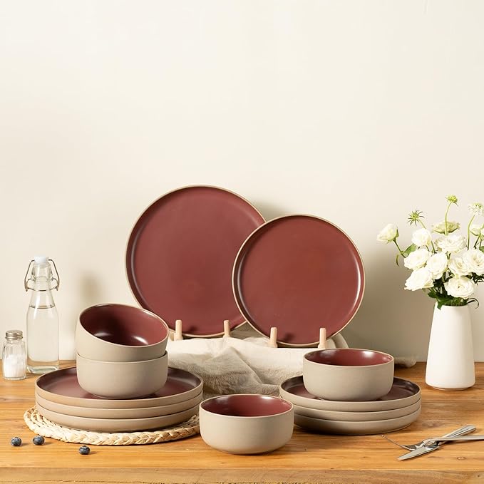 12 Pieces Dinnerware Sets,Plates and Bowls Sets,Handmade Reactive Glaze Dishes Set for 4 with at Least 10% Recycled Ceramic and the Raw Texture of the Clay (Angora Red)