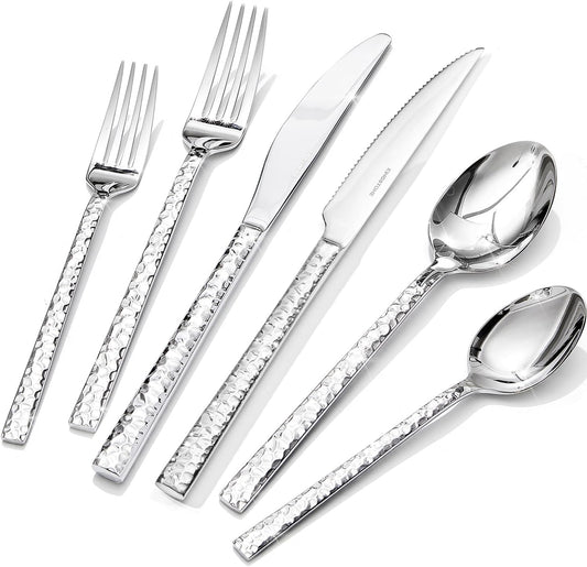 KINGSTONE 24 Piece Silverware Set with Steak Knives, Hammered Silverware Set for 4, 18/10 Stainless Steel Flatware, Cutlery Set for Home, Party, Wedding, Mirror Polished Dishwasher Safe