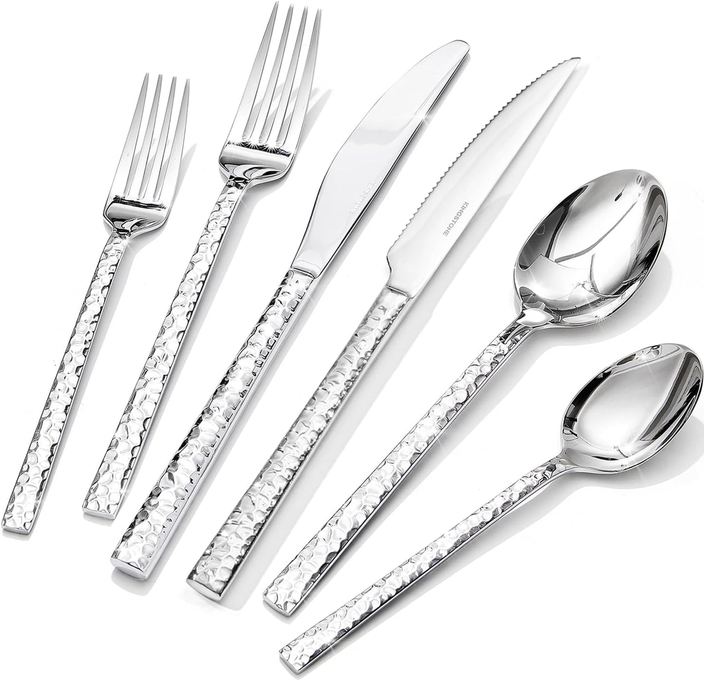 KINGSTONE 48 Piece Silverware Set with Steak Knives, Hammered Silverware Set for 8, 18/10 Stainless Steel Flatware, Cutlery Set for Home, Party, Wedding, Mirror Polished Dishwasher Safe