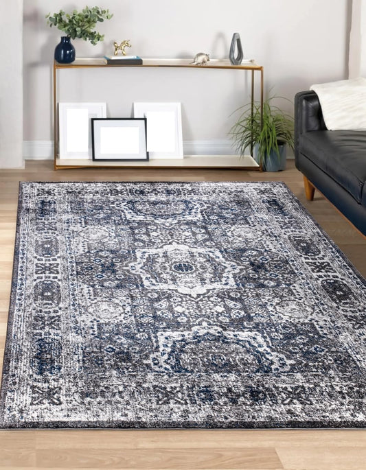 Keen Home Design Area Rugs - Non-Shedding, Thick Pile Abstract Rugs for Kitchen, Living Room, Bedroom, Dining Room, Entryway (Medallion Grey/Blue/Cream, 5'3'' x 7'7'')