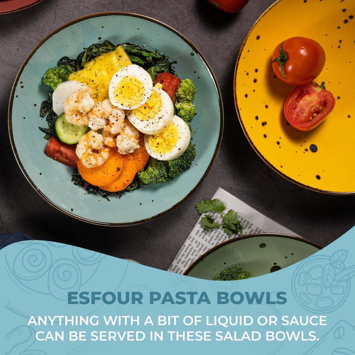 Esfour Ceramic 7.84 Inch Serving Bowls - Set of 6 | 20 Oz Large Pasta Salad Bowls, Microwave/Oven Safe, Wide Shallow Porcelain Bowls for Party, Dinner, Entertaining, Stackable - Vivid Assorted Colors