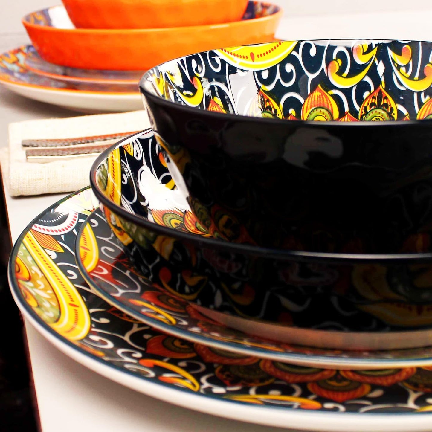 Mandala Dinnerware Sets, Plates and Bowls Set, Porcelain Dishes (16 Pieces) Service for 4, Zanzibar, Bohemian Style Dining Ware, for Kitchen and Dining Multicolor Dinnerware Set, Black